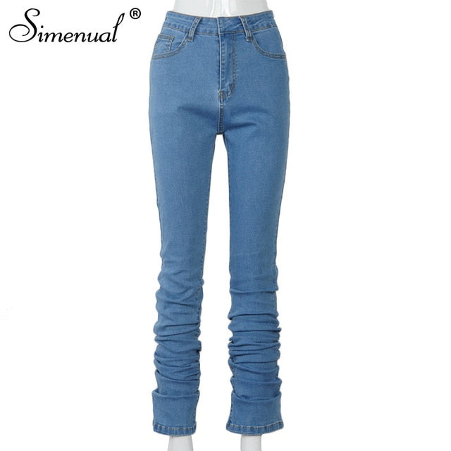 Simenual Ruched Denim Blue High Wait Stacked Pants Autumn 2021 Women Clothing Streetwear Jeans Fashion Skinny Pockets Trousers