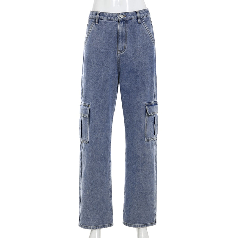 Darlingaga Fashion Saraight Denim High Waist Pants Pockets Loose Women's Trousers Cargo Pants Women Casual Jeans Bottom Pantalon