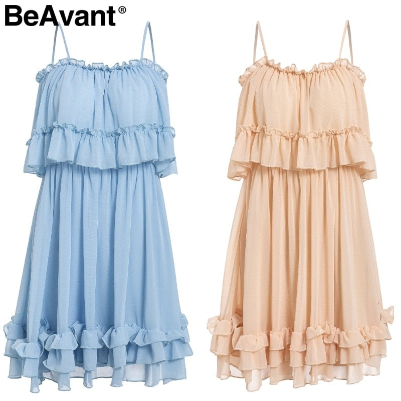 BeAvant Ruffle pleated chiffon summer dress women Elegant off shoulder short dresses ladies Holiday beach loose mini dress pink