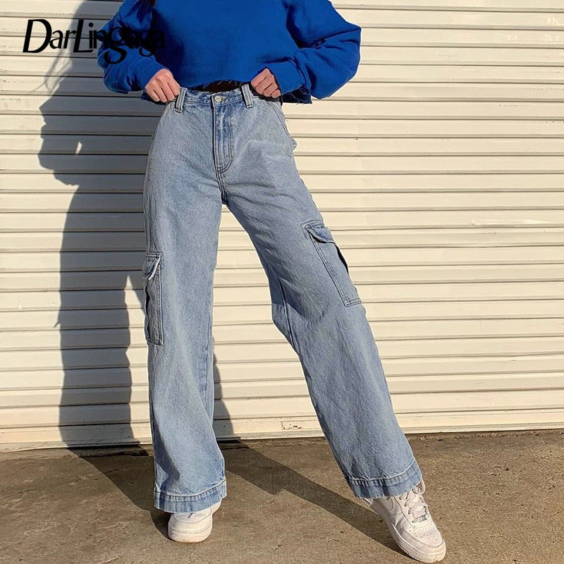 Darlingaga Fashion Saraight Denim High Waist Pants Pockets Loose Women's Trousers Cargo Pants Women Casual Jeans Bottom Pantalon