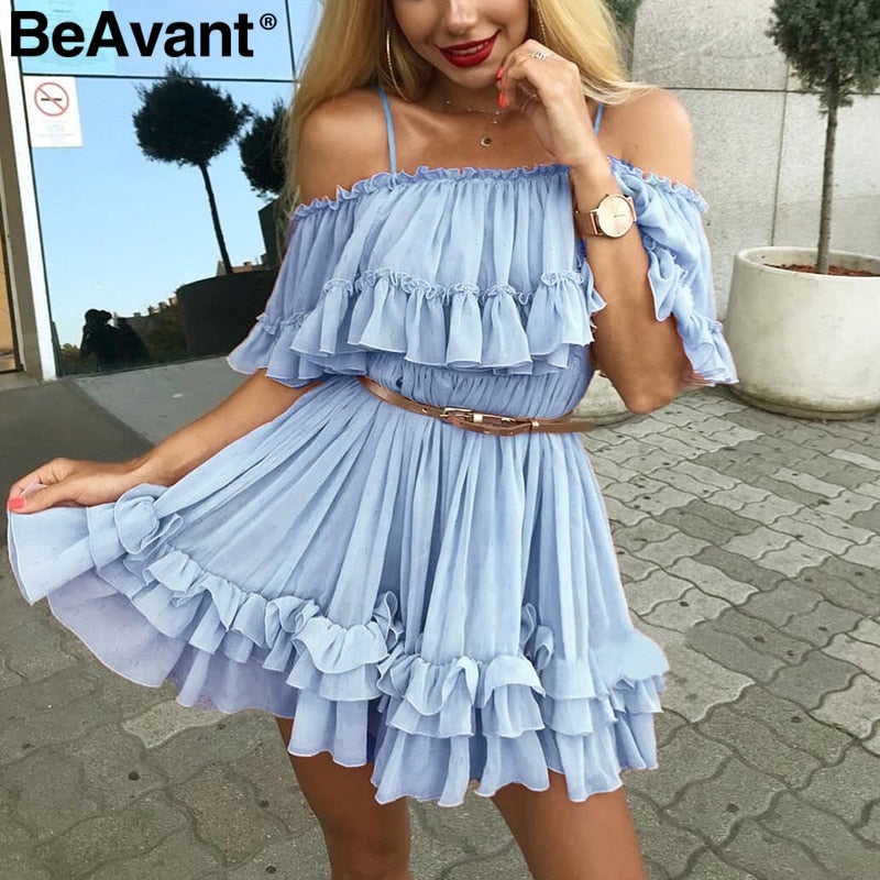 BeAvant Ruffle pleated chiffon summer dress women Elegant off shoulder short dresses ladies Holiday beach loose mini dress pink