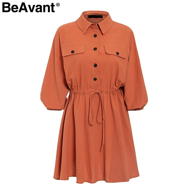 BeAvant Lnen cotton summer dress shirt women Lantern sleeve loose short dress Buttons casual office high waist dresses ladies