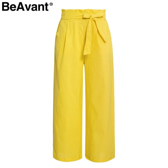 BeAvant Casual cotton linen summer pants women Wide leg sashes loose female long pants Black plus size holiday ladies bottoms