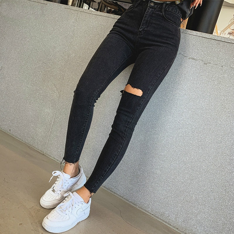 Sexy High Waist Tassel Ripped Holes Denim Pants Female Trousers Pencil Jeans Women Skinny Pants Black Jeans