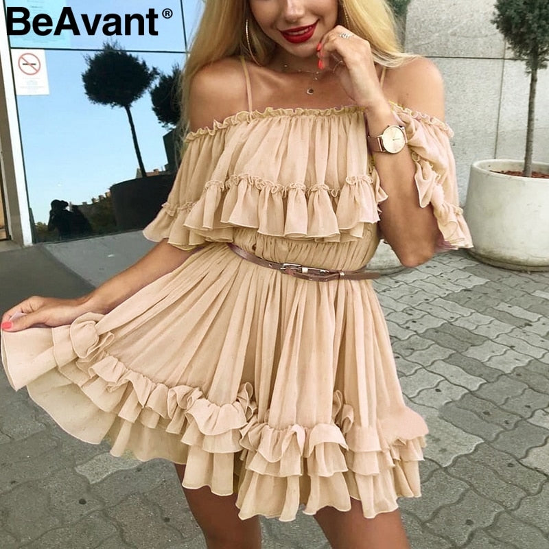 BeAvant Ruffle pleated chiffon summer dress women Elegant off shoulder short dresses ladies Holiday beach loose mini dress pink