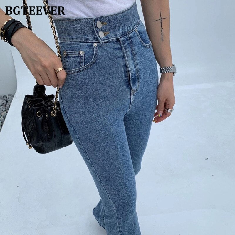 Fashion Women Double Button Flare Jeans