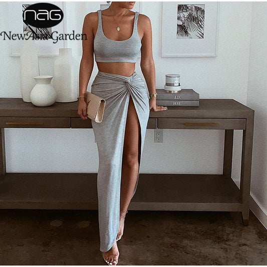 Sexy 2 Piece Set Women Crop Top Twist Side Split Long Skirts