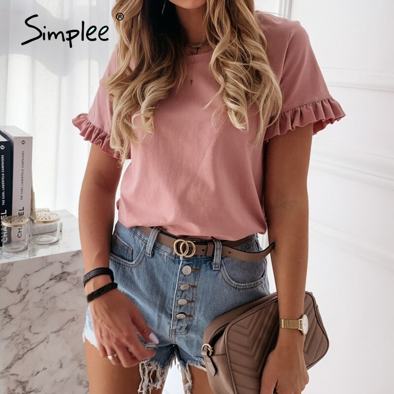 Simplee casual ruffles short sleeve plus size shirts women Fashion solid loose t shirt spring summer all-match top ladies 2020