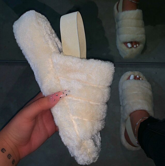 Women Indoor Fur Slides Bottom Antiskid Furry Slippers Ladies Fashion Fur Slippers Pantuflas De Mujer Spring Plush Slippers