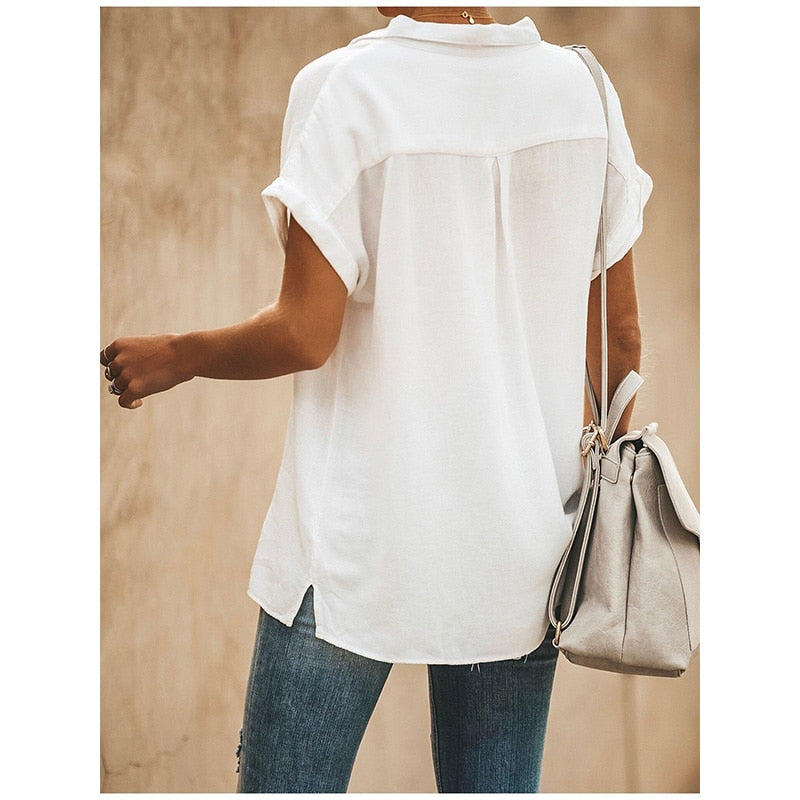 Summer Casual blouse women Turn-down Collar Short Sleeve pocket Loose Solid white blouse women