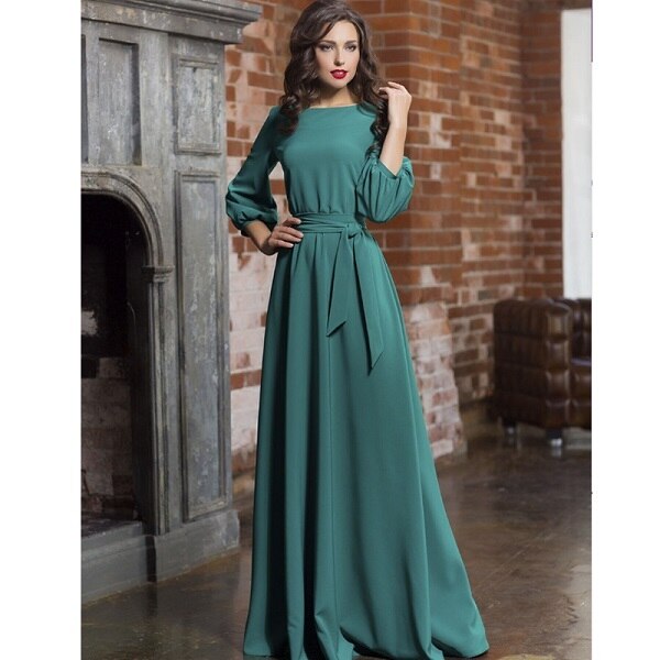 Autumn Women Casual Bow Maxi Sashes Dress