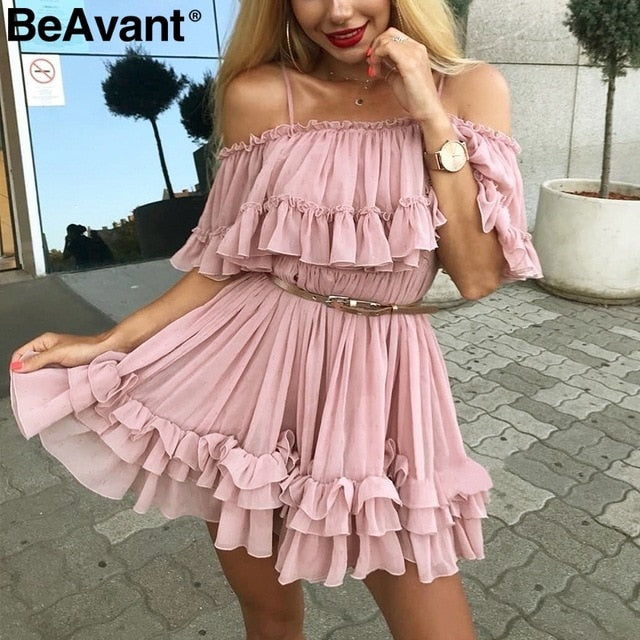 BeAvant Ruffle pleated chiffon summer dress women Elegant off shoulder short dresses ladies Holiday beach loose mini dress pink