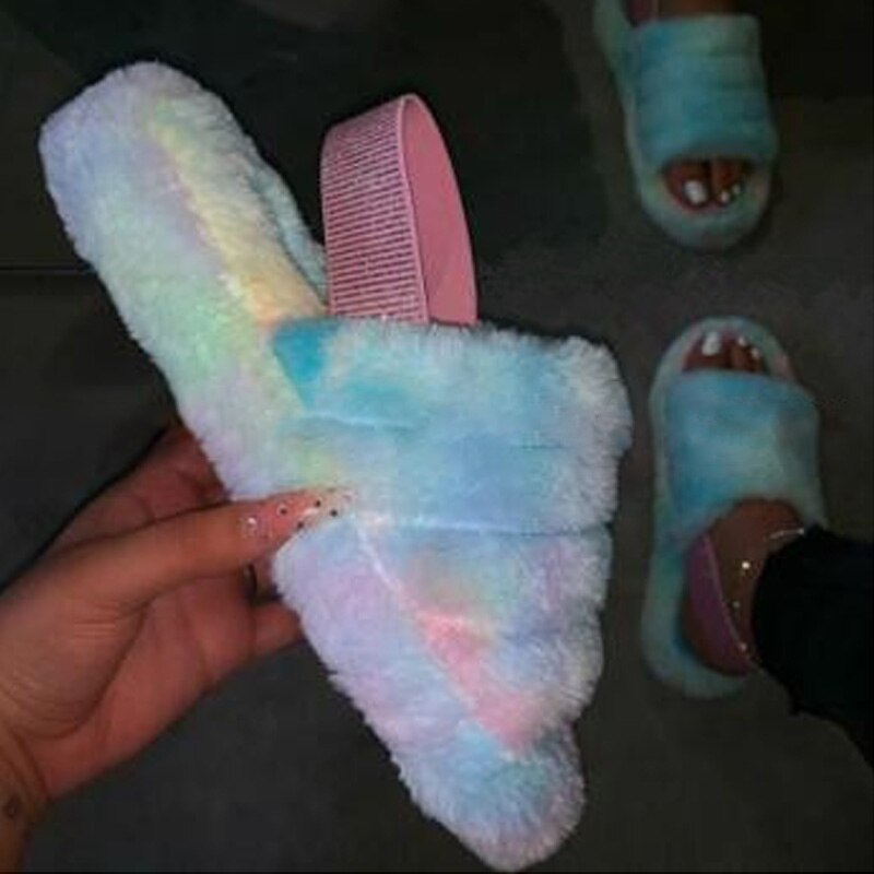 Women Indoor Fur Slides Bottom Antiskid Furry Slippers Ladies Fashion Fur Slippers Pantuflas De Mujer Spring Plush Slippers