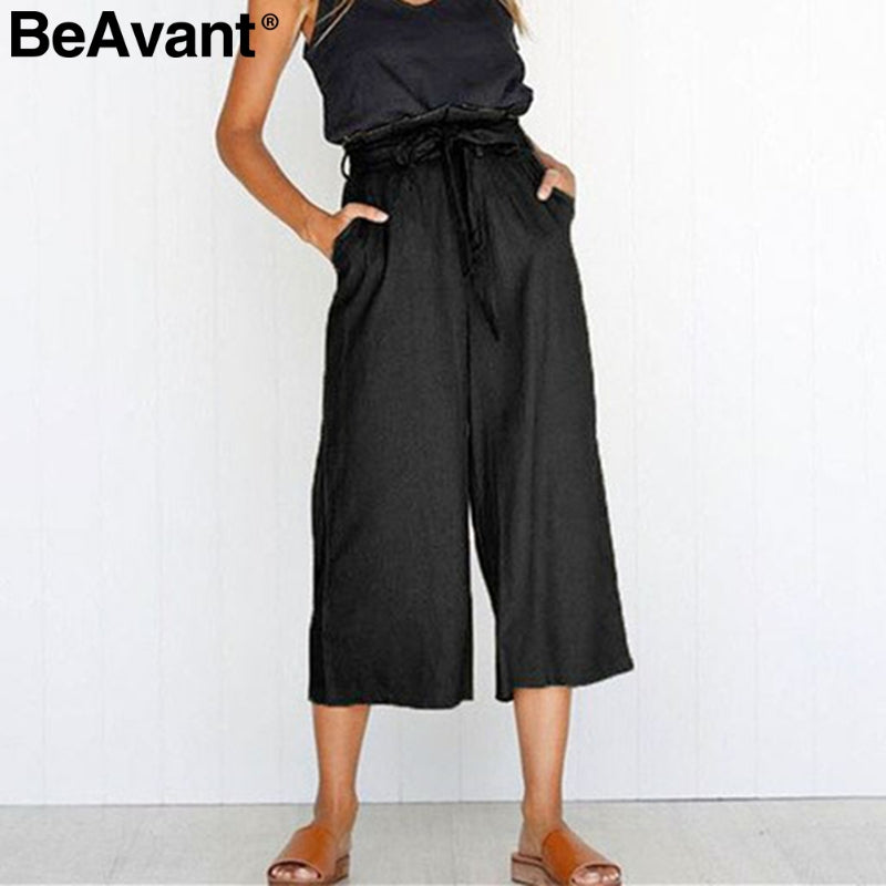 BeAvant Casual cotton linen summer pants women Wide leg sashes loose female long pants Black plus size holiday ladies bottoms