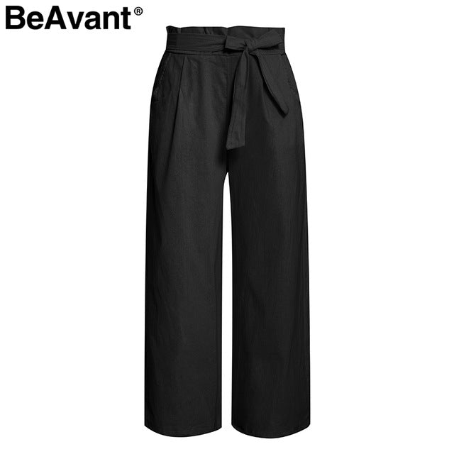 BeAvant Casual cotton linen summer pants women Wide leg sashes loose female long pants Black plus size holiday ladies bottoms