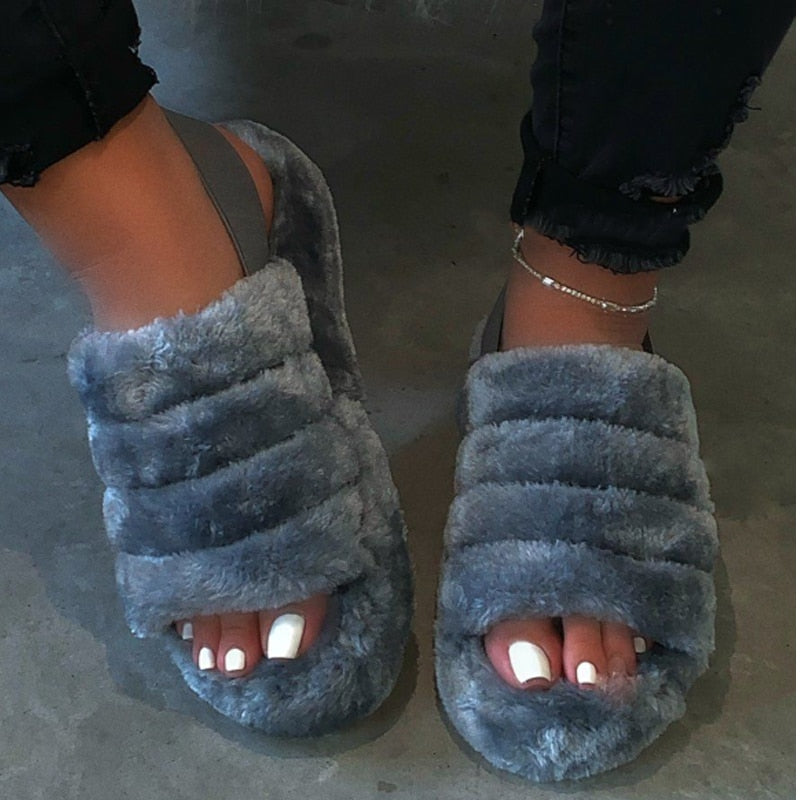 Women Indoor Fur Slides Bottom Antiskid Furry Slippers Ladies Fashion Fur Slippers Pantuflas De Mujer Spring Plush Slippers