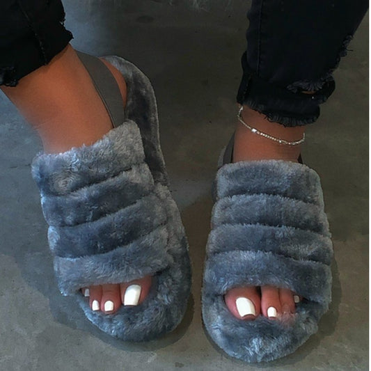 Women Indoor Fur Slides Bottom Antiskid Furry Slippers Ladies Fashion Fur Slippers Pantuflas De Mujer Spring Plush Slippers