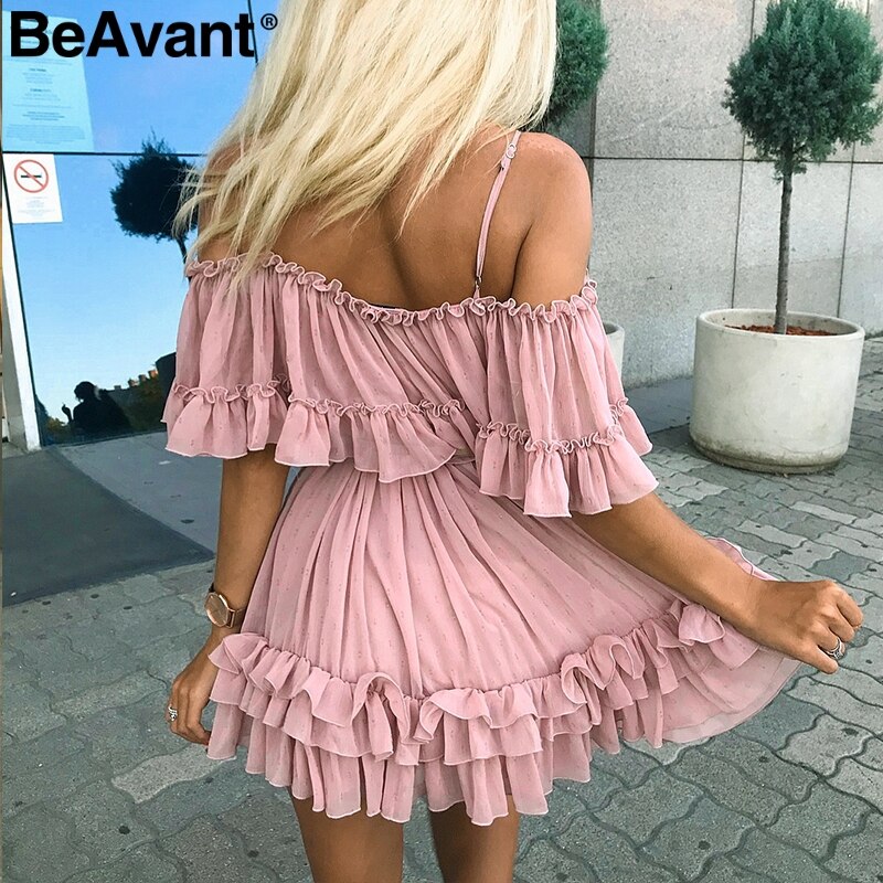 BeAvant Ruffle pleated chiffon summer dress women Elegant off shoulder short dresses ladies Holiday beach loose mini dress pink