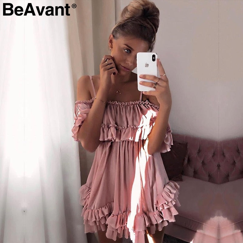 BeAvant Ruffle pleated chiffon summer dress women Elegant off shoulder short dresses ladies Holiday beach loose mini dress pink