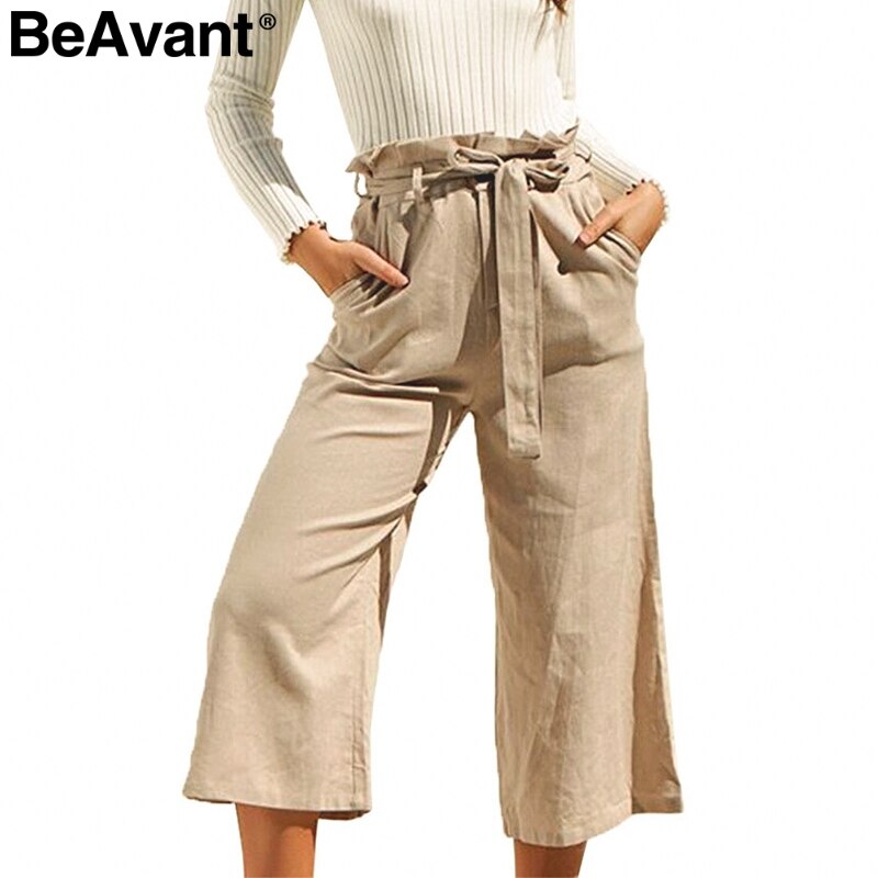 BeAvant Casual cotton linen summer pants women Wide leg sashes loose female long pants Black plus size holiday ladies bottoms