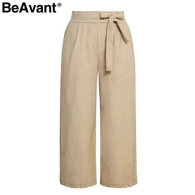 BeAvant Casual cotton linen summer pants women Wide leg sashes loose female long pants Black plus size holiday ladies bottoms