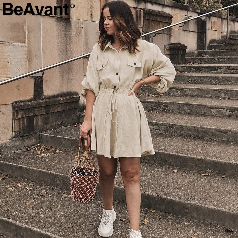 BeAvant Lnen cotton summer dress shirt women Lantern sleeve loose short dress Buttons casual office high waist dresses ladies