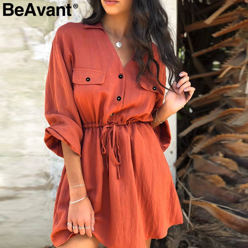 BeAvant Lnen cotton summer dress shirt women Lantern sleeve loose short dress Buttons casual office high waist dresses ladies