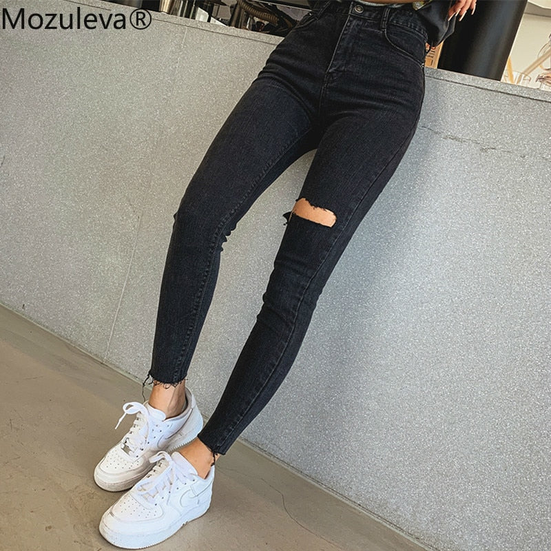 Sexy High Waist Tassel Ripped Holes Denim Pants Female Trousers Pencil Jeans Women Skinny Pants Black Jeans