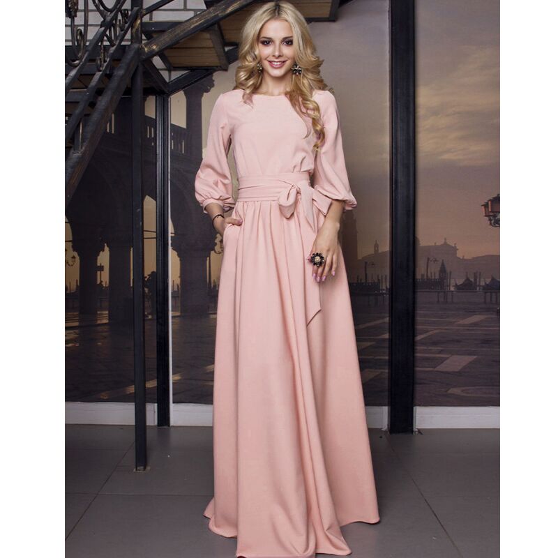 Autumn Women Casual Bow Maxi Sashes Dress