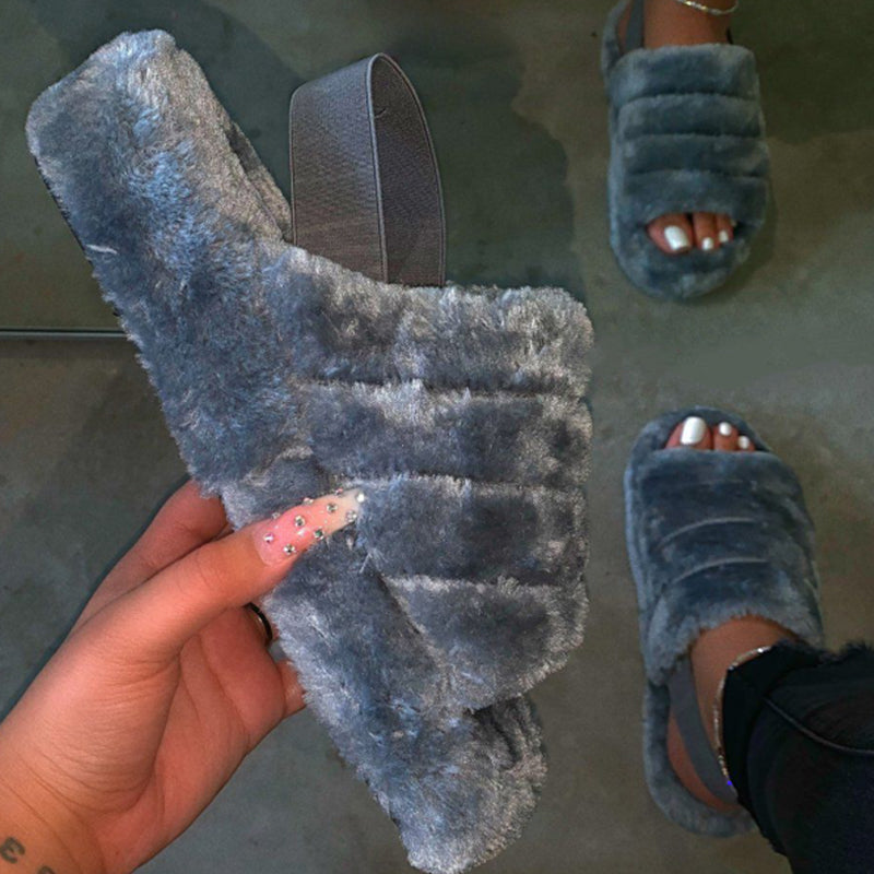 Women Indoor Fur Slides Bottom Antiskid Furry Slippers Ladies Fashion Fur Slippers Pantuflas De Mujer Spring Plush Slippers