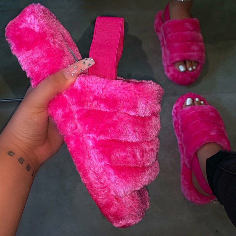 Women Indoor Fur Slides Bottom Antiskid Furry Slippers Ladies Fashion Fur Slippers Pantuflas De Mujer Spring Plush Slippers