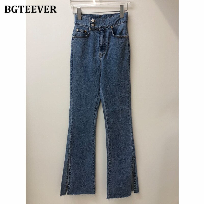 Fashion Women Double Button Flare Jeans