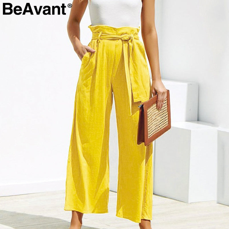 BeAvant Casual cotton linen summer pants women Wide leg sashes loose female long pants Black plus size holiday ladies bottoms