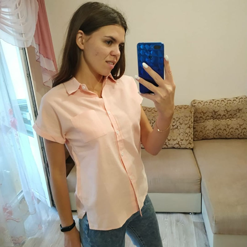 Summer Casual blouse women Turn-down Collar Short Sleeve pocket Loose Solid white blouse women