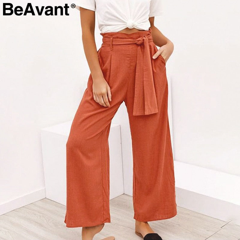 BeAvant Casual cotton linen summer pants women Wide leg sashes loose female long pants Black plus size holiday ladies bottoms