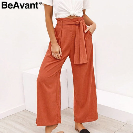 BeAvant Casual cotton linen summer pants women Wide leg sashes loose female long pants Black plus size holiday ladies bottoms