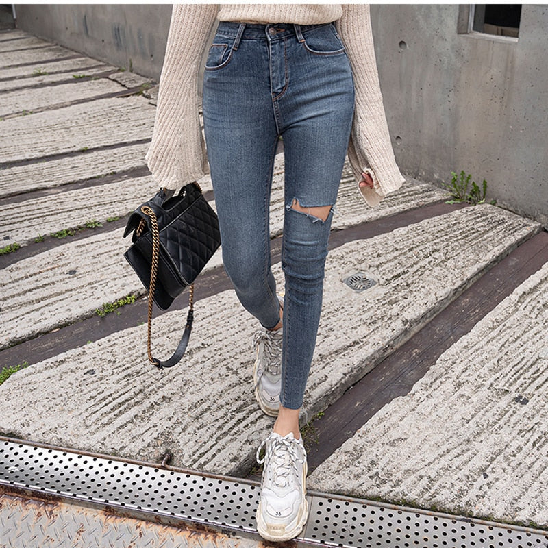 Sexy High Waist Tassel Ripped Holes Denim Pants Female Trousers Pencil Jeans Women Skinny Pants Black Jeans