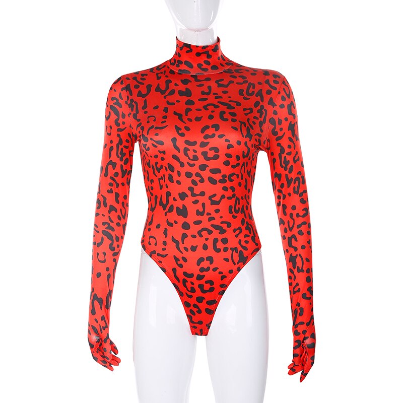 Darlingaga Fashion Red Leopard Print Turtleneck Bodysuit with Gloves Autumn Skinny Body Women Long Sleeve Club Party Bodysuits