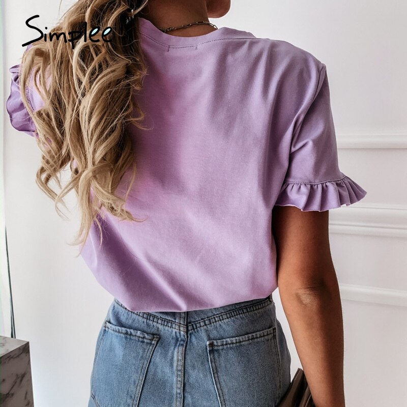 Simplee casual ruffles short sleeve plus size shirts women Fashion solid loose t shirt spring summer all-match top ladies 2020