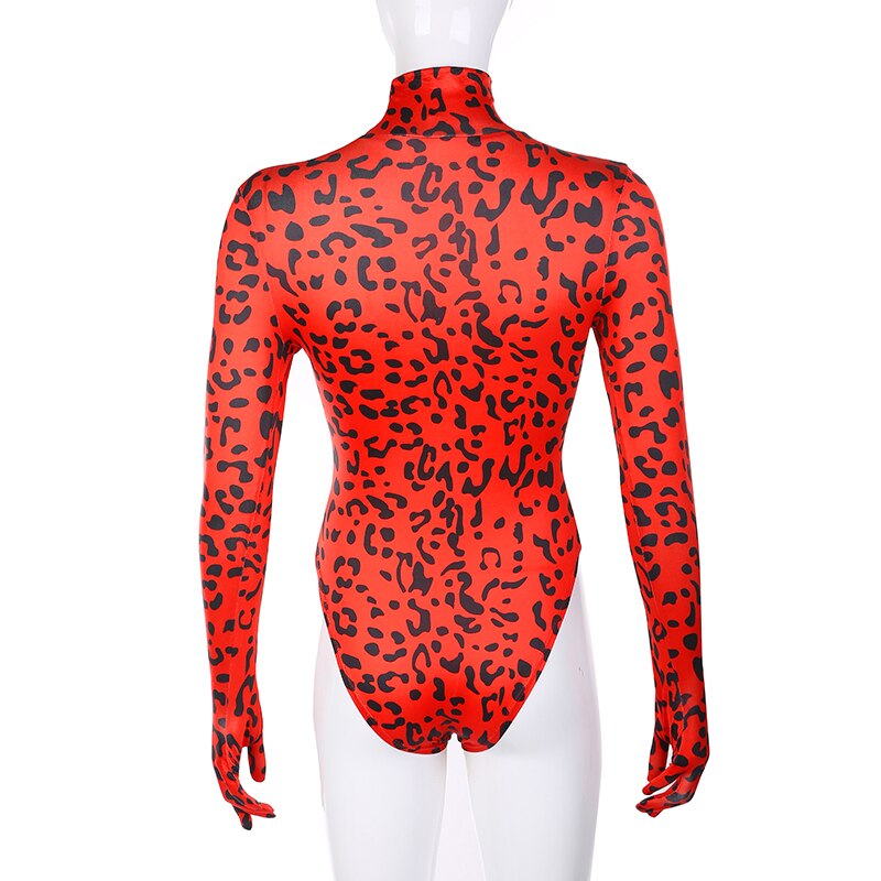 Darlingaga Fashion Red Leopard Print Turtleneck Bodysuit with Gloves Autumn Skinny Body Women Long Sleeve Club Party Bodysuits