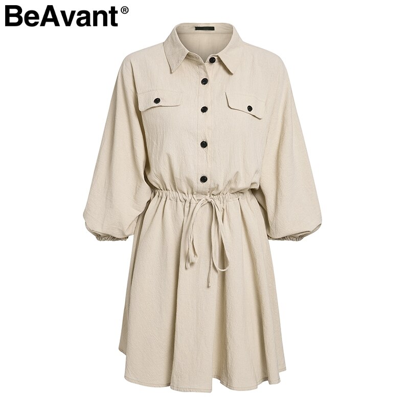 BeAvant Lnen cotton summer dress shirt women Lantern sleeve loose short dress Buttons casual office high waist dresses ladies