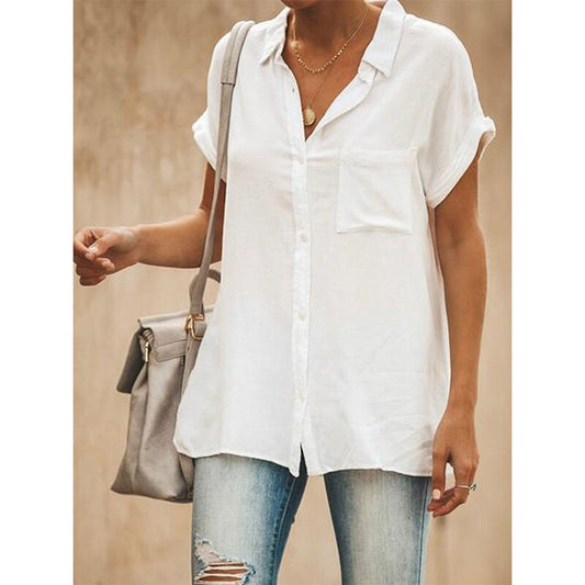 Summer Casual blouse women Turn-down Collar Short Sleeve pocket Loose Solid white blouse women