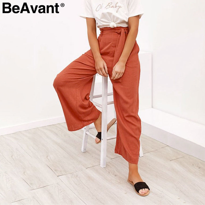 BeAvant Casual cotton linen summer pants women Wide leg sashes loose female long pants Black plus size holiday ladies bottoms