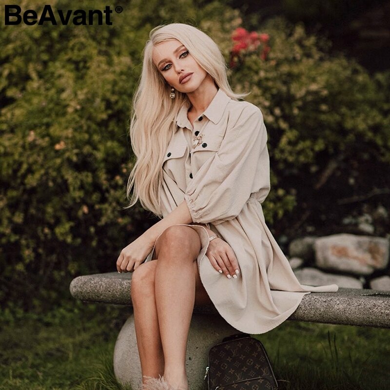 BeAvant Lnen cotton summer dress shirt women Lantern sleeve loose short dress Buttons casual office high waist dresses ladies