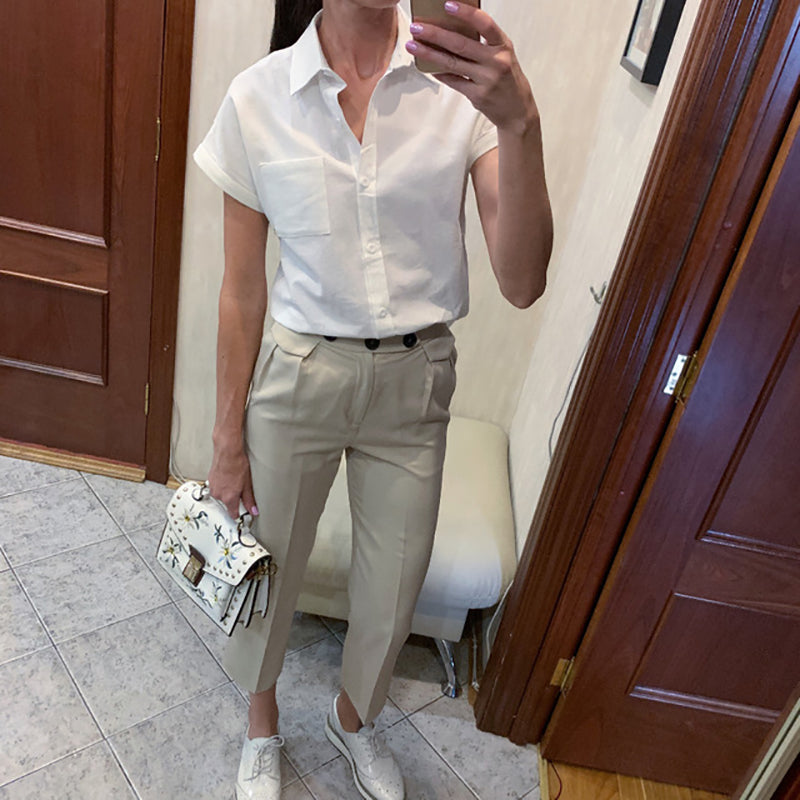 Summer Casual blouse women Turn-down Collar Short Sleeve pocket Loose Solid white blouse women