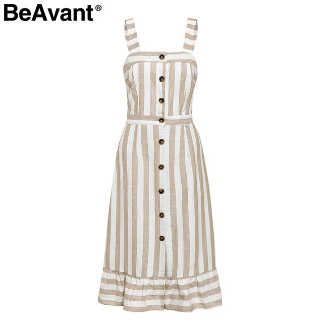 BeAvant Casual striped linen cotton dress women Button strap beach summer dress 2019 Sexy backless midi ladies dresses vestidos