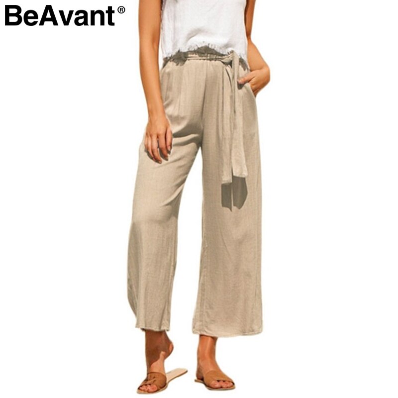 BeAvant Casual cotton linen summer pants women Wide leg sashes loose female long pants Black plus size holiday ladies bottoms