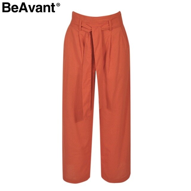 BeAvant Casual cotton linen summer pants women Wide leg sashes loose female long pants Black plus size holiday ladies bottoms