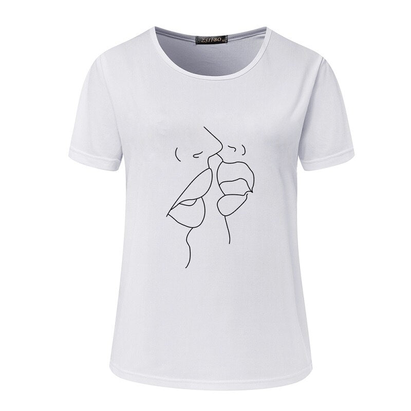 Women White O Neck Graphic Funny Cute Kiss Pattern Shirt