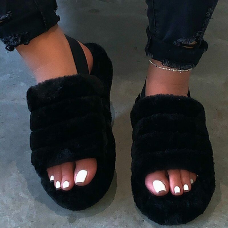 Women Indoor Fur Slides Bottom Antiskid Furry Slippers Ladies Fashion Fur Slippers Pantuflas De Mujer Spring Plush Slippers